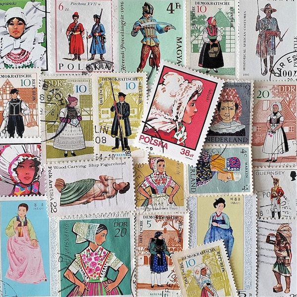LIVRAISON GRATUITE ; 30 COSTUMES timbres-poste oblitérés dans le monde entier pour la collection, l’artisanat, le scrapbooking, les collages, les médias mixtes, etc.