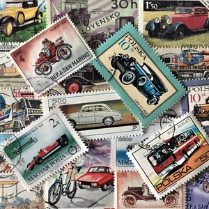 ENVÍO GRATIS ; 50 sellos postales antiguos de COCHES / Vehículos para coleccionar, elaborar, páginas de álbumes de recortes, collages, etc.