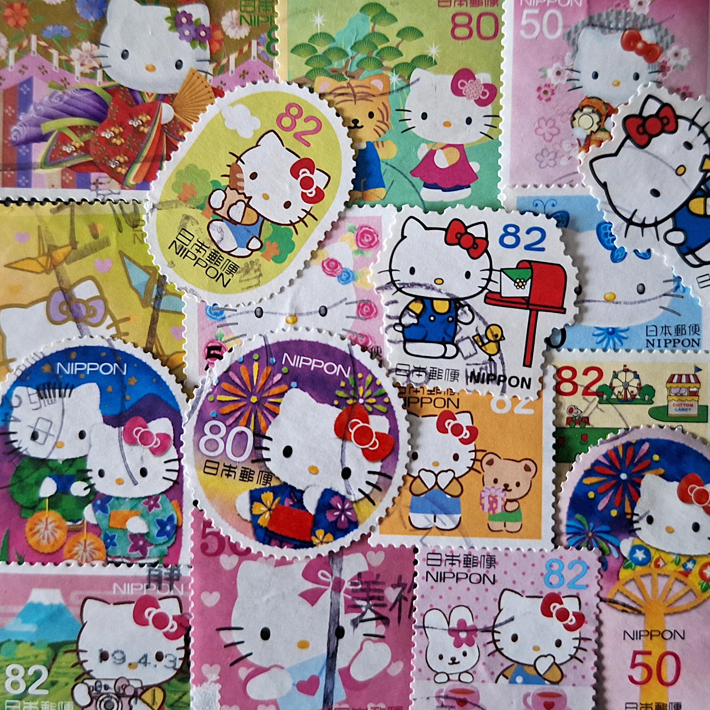 FREE SHIPPING ; 25 HELLO Kitty colorful Japanese / Nippon postage stamps for collecting, crafting, scrapbook pages etc.