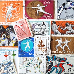 ENVÍO GRATIS ; 25 sellos postales vintage de FENCING en todo el mundo para coleccionar, elaborar, álbumes de recortes, collages, técnicas mixtas, etc.