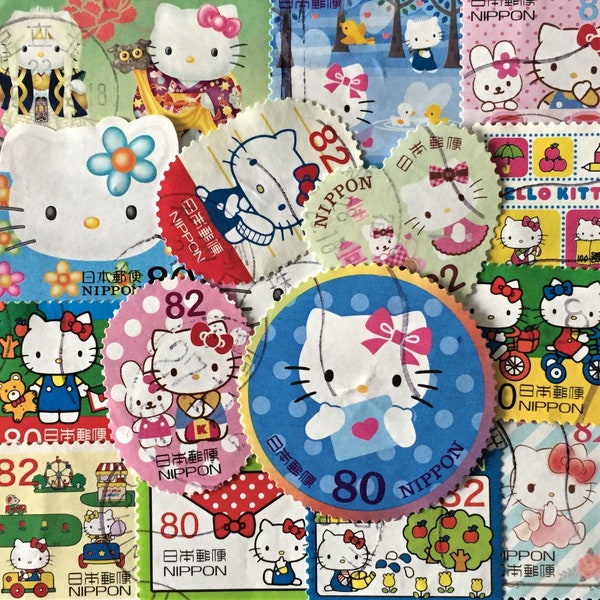 FREE SHIPPING ; 25 HELLO Kitty colorful Japanese / Nippon postage stamps for collecting, crafting, scrapbook pages etc.
