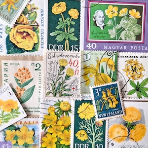 ENVÍO GRATIS; 25 flores AMARILLAS Diferentes sellos postales usados en todo el mundo para coleccionar, páginas de álbumes de recortes, collages, etc.