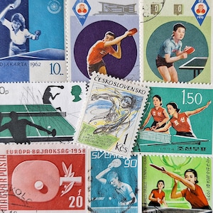 KOSTENLOSER Versand ; 15 TISCHTENNIS Vintage Briefmarken zum Sammeln, Basteln, Scrapbooking, Collagen, Mixed Media etc.
