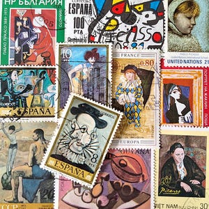 ENVÍO GRATUITO; 15 pinturas de PICASSO en sellos postales antiguos de todo el mundo para coleccionar, hacer manualidades, páginas de álbumes de recortes, collages, etc.