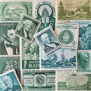 ENVÍO GRATIS ; 25 CLASSIC vintage sin usar u.s. Sellos postales emitidos en los años 1950 - 1964 en varios tonos de verde.