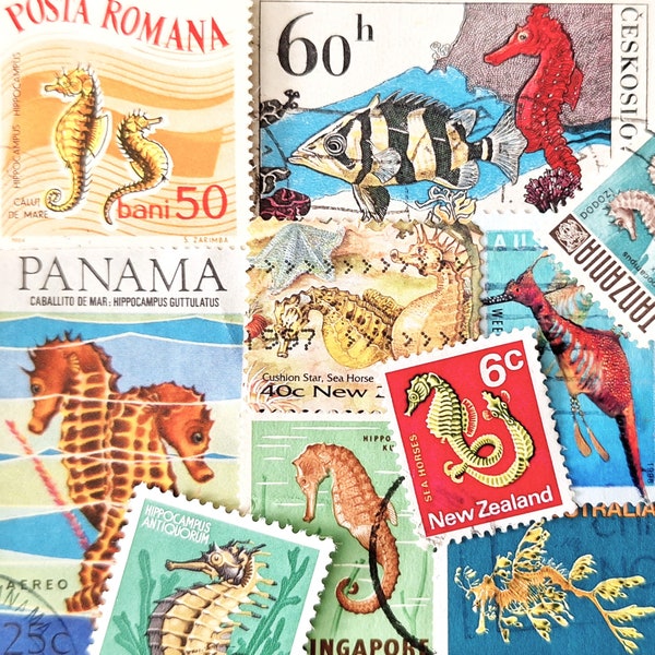 FREE SHIPPING ; 10 SEAHORSES / Seadragons worldwide postage stamps for collecting, crafting, scrapbook , collages , mixed media etc.