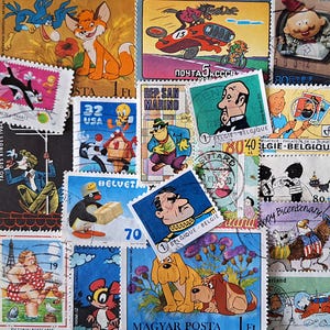 SPEDIZIONE GRATUITA; 40 francobolli vintage colorati di CARTONI ANIMATI/Fumetti usati in tutto il mondo per collezionismo, artigianato, pagine di album, collage.