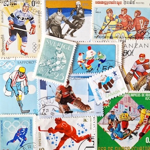 KOSTENLOSER VERSAND ; 25 Eishockey vintage Briefmarken zum Sammeln, Basteln, Scrapbooking, Collagen, Mixed Media etc.