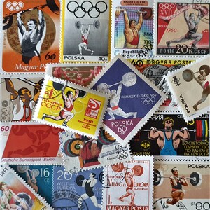 ENVÍO GRATIS ; 25 sellos postales antiguos de LEVANTAMIENTO DE PESAS en todo el mundo para coleccionar, elaborar, álbumes de recortes, collages, técnicas mixtas, etc.