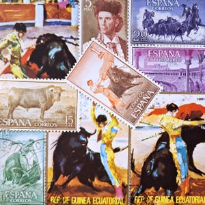 ENVÍO GRATIS; 15 sellos postales antiguos de TOROS para coleccionar, hacer manualidades, álbumes de recortes, collages, técnicas mixtas, etc.