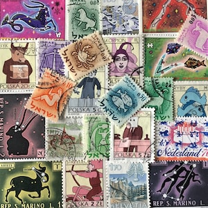 ENVÍO GRATIS; 30 signos del ZODIACO / temas astrológicos diferentes sellos postales de todo el mundo para coleccionar, hacer manualidades, álbumes de recortes, etc.