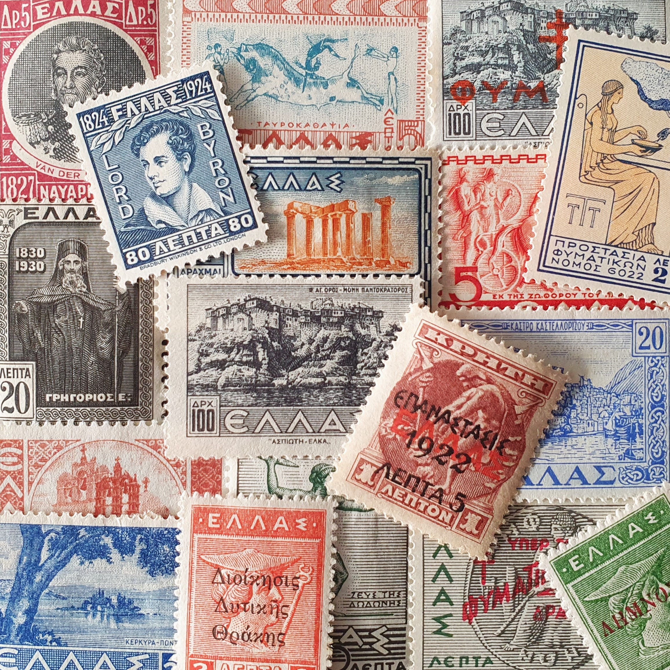 20 GREECE GREEK Collector Set Vintage Postage Stamps Ruins Landscapes  Statues Crafts Collage Ephemera Altered Art Philately Stamp Albums 1f 