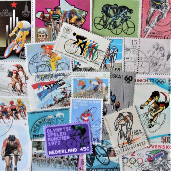 FREE SHIPPING ; 25 bicycle racing worldwide vintage postage stamps for collecting, crafting, scrapbook , collages , mixed media etc.