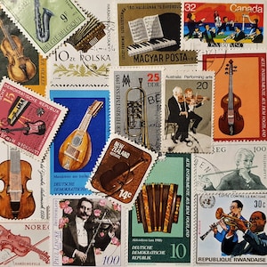 ENVÍO GRATIS; 30 instrumentos musicales diferentes sellos postales antiguos de todo el mundo para coleccionar, hacer manualidades, álbumes de recortes, técnicas mixtas, etc.