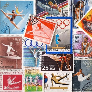 SPEDIZIONE GRATUITA; 25 francobolli d'epoca di vario tipo, usati in tutto il mondo, dedicati alla GINNASTICA, per collezionismo, artigianato, album, ecc.