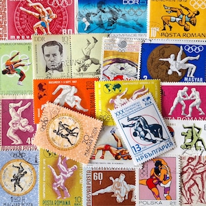 LIVRAISON GRATUITE ; 20 timbres-poste vintage de LUTTE dans le monde entier pour collectionner, créer, créer des albums, collages, techniques mixtes, etc.