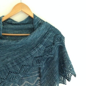 May include: A teal blue knitted shawl with a lacy pattern and scalloped edges. The shawl is draped over a wooden hanger.