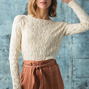 Puede incluir: Un suéter blanco de crochet con un delicado patrón de calado. El suéter tiene mangas largas y un cuello redondo.