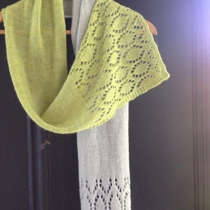 May include: A green and gray knitted scarf with a lacy pattern. The scarf is draped over a hanger.