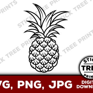 May include: A black and white line drawing of a pineapple with a detailed illustration of the fruit and leaves.