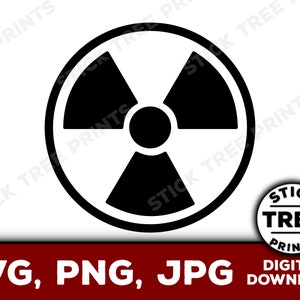 May include: Black and white radiation symbol, also known as the trefoil symbol, in a circle. This is a digital download for SVG, PNG, and JPG files.