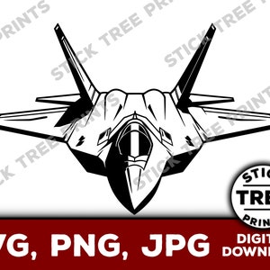 May include: Black and white silhouette of an F-22 Raptor fighter jet. The jet is facing forward with its wings spread out. The image is a digital download and available in SVG, PNG, and JPG formats.