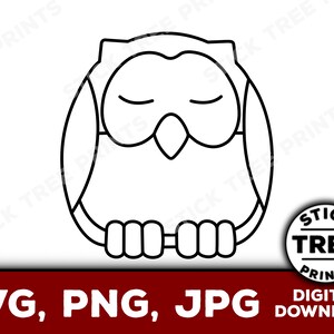 以下が含まれることがあります： 目を閉じたフクロウの白黒の線画。フクロウは羽根を折り畳んで足を体の下に隠して座っている。