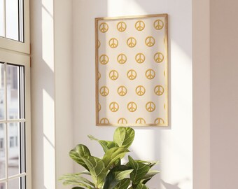 Boho Peace Sign Digital Print, Modern Bohemian Wall Art, Instant Download, Beige and Gold