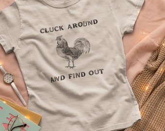 cluck around and find damski tshirt - zabawna koszulka z kurczakiem, zabawna koszulka z kogutem, koszulki z kurczakiem, koszulka z kurczakiem, zabawna koszulka damska