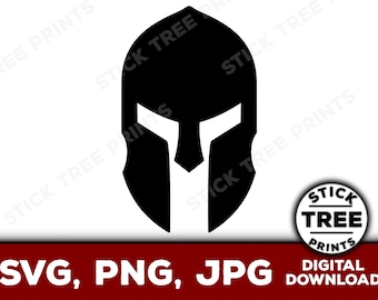 May include: A black Spartan helmet graphic on a white background. The image includes the text "SVG, PNG, JPG DIGITAL DOWNLOAD" in a red banner. A circular logo with the text "STICK TREE PRINTS" is also present.
