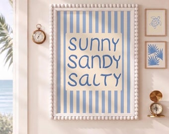 Coastal Wall Art Print Sunny Sandy Salty - Retro Blue