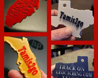 Proxy 2 Tags for Geocache Trackables State Themed, Travel Bug Replacement, Custom made with your geo-name and trackable number. tamis2go