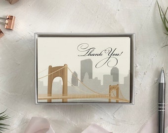 Gold Pittsburgh Bridge and City Skyline Thank You Card Pack - Set of 10 Thank You Notes - Pittsburgh City Thank You Notes