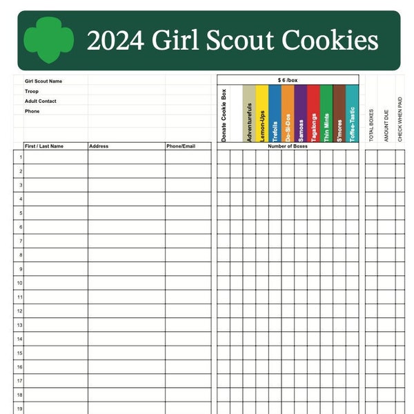 NEW 2024 - Girl Scouts Greater Los Angeles Cookie Order form - 2024 (8.5x11) - 2 pages pdf - INSTANT DOWNLOAD