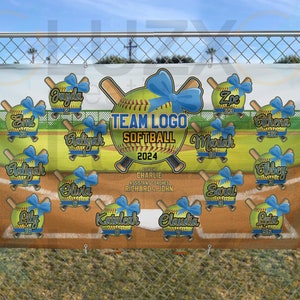 May include: A white banner with a softball theme. The banner has a yellow softball with a blue bow on top. The banner also has the text "TEAM LOGO SOFTBALL 2024" and the names of the players on the team. The banner is hanging on a chain link fence.