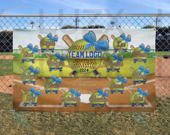 May include: A rectangular vinyl banner featuring a softball team roster with yellow softball graphics, blue bows, and crossed bats. The text reads TEAM LOGO SOFTBALL 2024, COACH CHARLIE, ASSISTANT COACHES RICHARD & JOHN, and various player names with numbers.