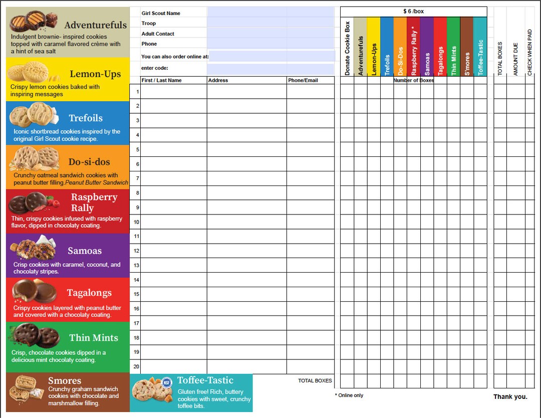 Girl Scouts Greater Los Angeles Cookie Order Form 2023 Etsy