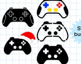 May include: A collection of black and white video game controller designs. One controller has a Santa hat. The controllers have directional pads, buttons, and joysticks. The text "SVG bundle" is in a light blue starburst.