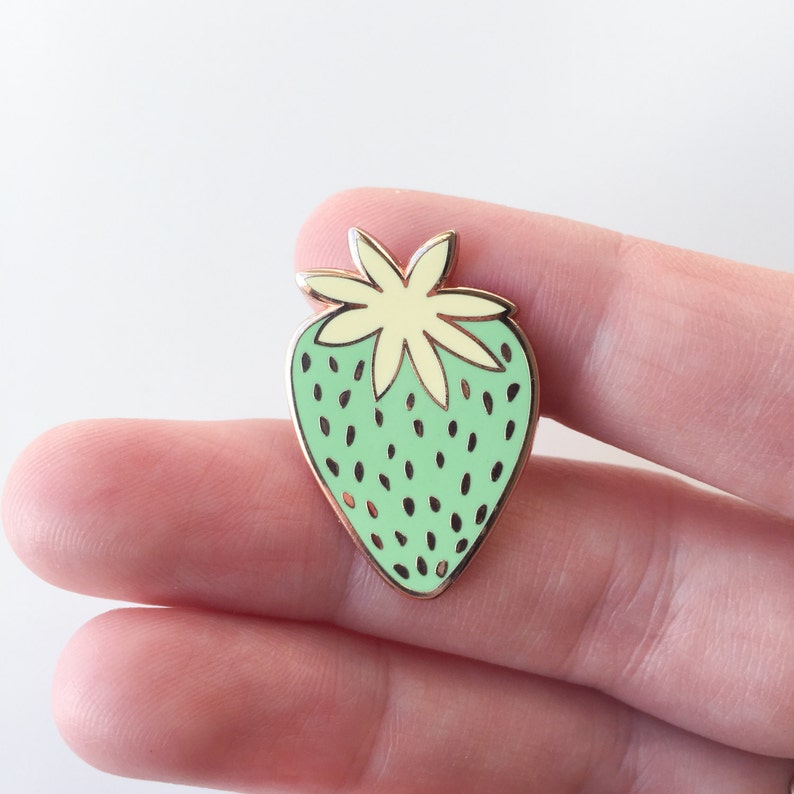 Green Strawberry enamel pin, food inspired pin badge, rose gold coloured pin, strawberry accessory, Christmas stocking filler gift image 4