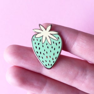Green Strawberry enamel pin, food inspired pin badge, rose gold coloured pin, strawberry accessory, Christmas stocking filler gift image 1