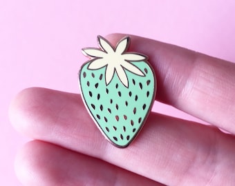 Green Strawberry enamel pin, food inspired pin badge, rose gold coloured pin, strawberry accessory, Christmas stocking filler gift