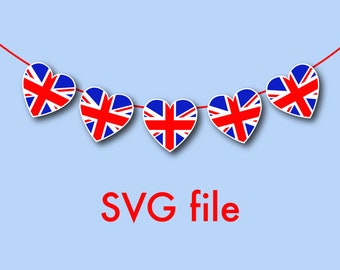 Union Jack bunting SVG, hearts layered SVG file, coronation garland, downoadable papercut pennant, papercut files, PNG uk flag hearts