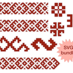 Puede incluir: Una colección de patrones geométricos pixelados en rojo y blanco, que incluyen bordes, cuadrados y elementos decorativos. Los diseños recuerdan el arte popular tradicional. La imagen incluye el texto "SVG bundle".