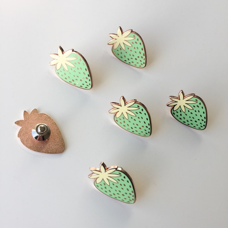 Green Strawberry enamel pin, food inspired pin badge, rose gold coloured pin, strawberry accessory, Christmas stocking filler gift image 3