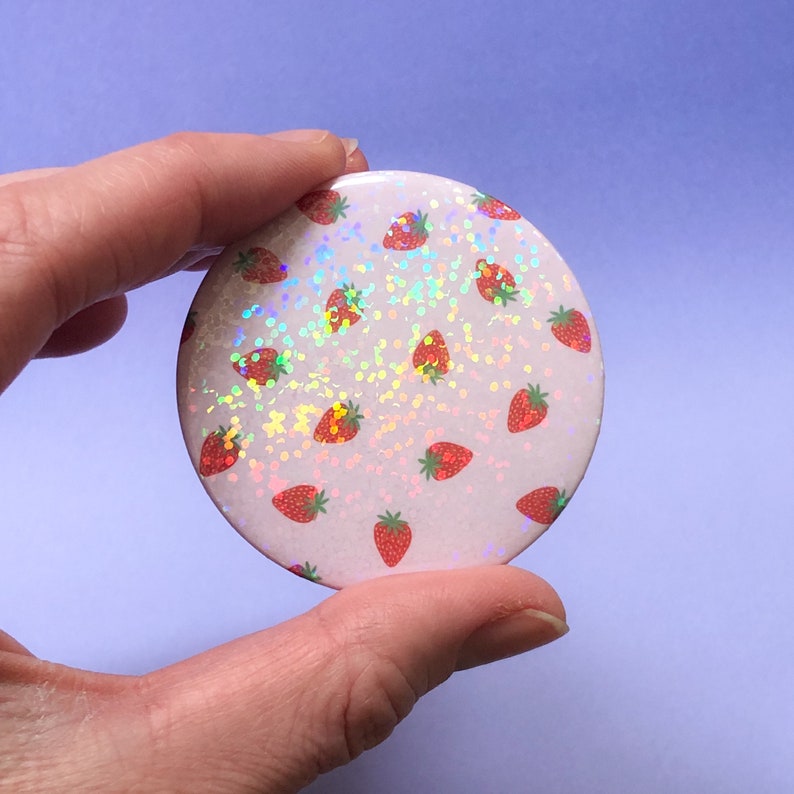 Strawberry pocket mirror, cute pink compact mirror, gift for her, secret santa gift, strawberry accessory Holo spots