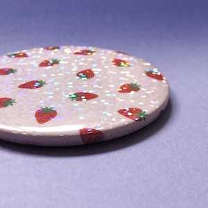 Strawberry pocket mirror, cute pink compact mirror, gift for her, secret santa gift, strawberry accessory image 4