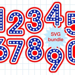 USA Numbers SVG, Stars party numbers svg bundle, numeri per decorazioni per torte di compleanno, 4th of July Party svg bundle, numeri ispirati alla bandiera degli Stati Uniti