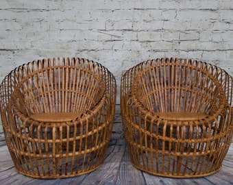 Vintage MCM Rattan Barrel Chairs Set of 2 (Contact us with your zip code for shipping quote).