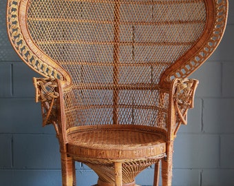 Vintage Emmanuel Peacock Chair, wicker high back fan, rattan, mid century, bohemian, boho, LOCAL P/U Chicago, Il area or Your Shipper