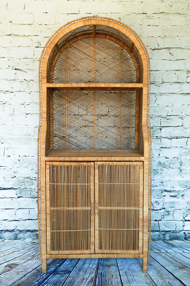 SHIPPING NOT FREE!!!Vintage Rattan Cabinet Wicker HutchEtagere Shelving CabinetBookcase
